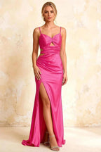 Jane Hot Pink Satin Cutout Mermaid Slit Maxi Dress