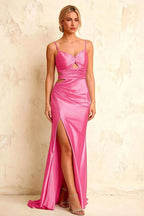 Jane Hot Pink Satin Cutout Mermaid Slit Maxi Dress