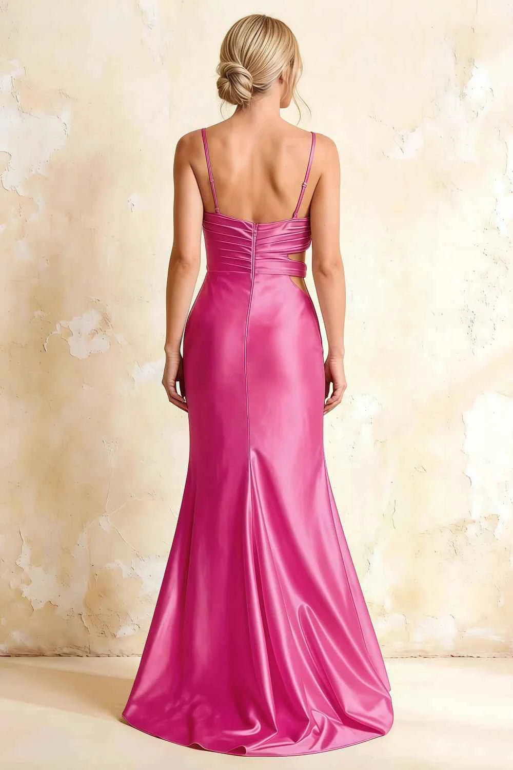 Jane Hot Pink Satin Cutout Mermaid Slit Maxi Dress