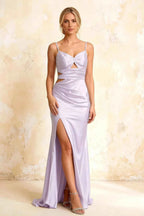 Jane Lavender Satin Cutout Mermaid Slit Maxi Dress