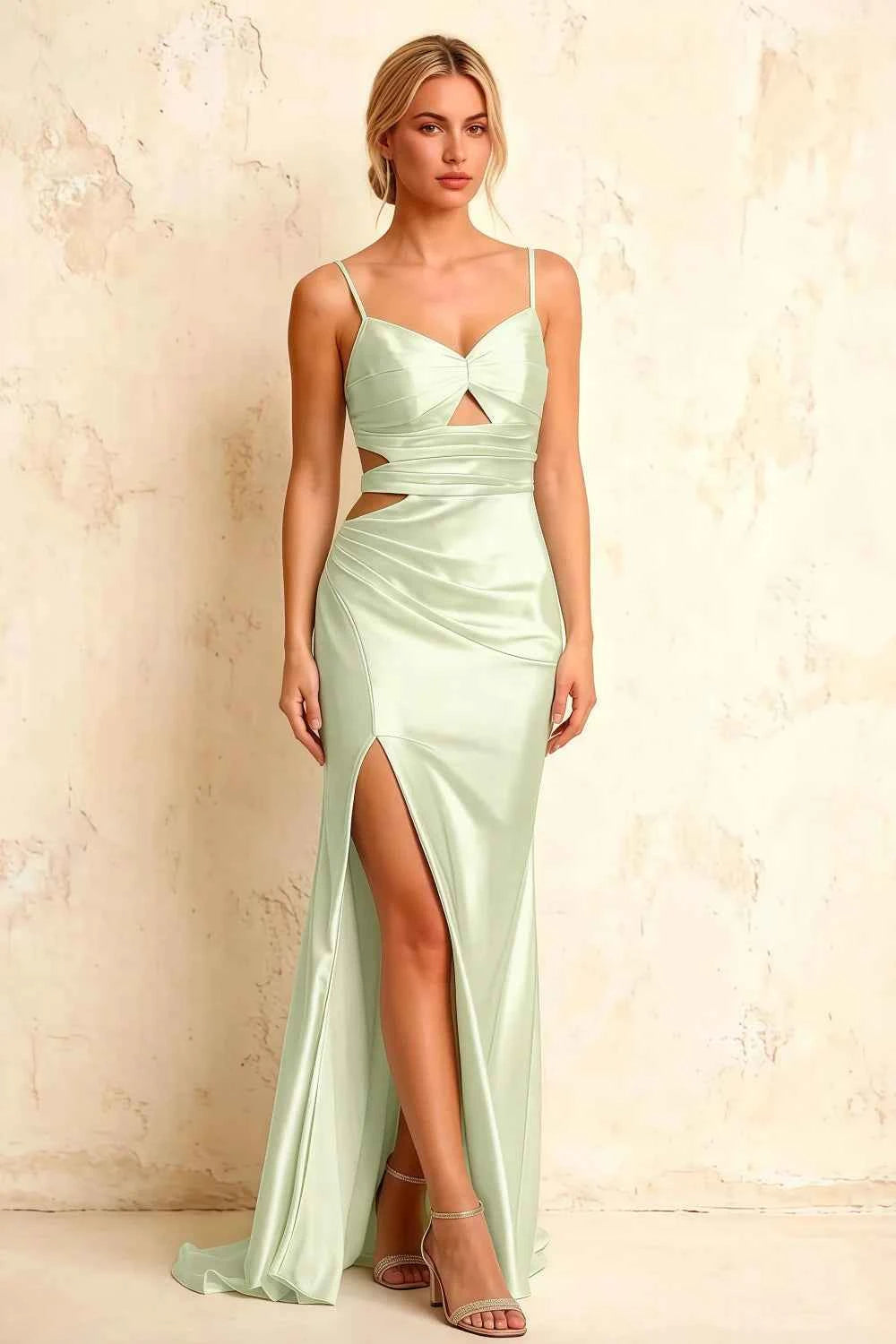 Jane Mint Satin Cutout Mermaid Slit Maxi Dress Main image