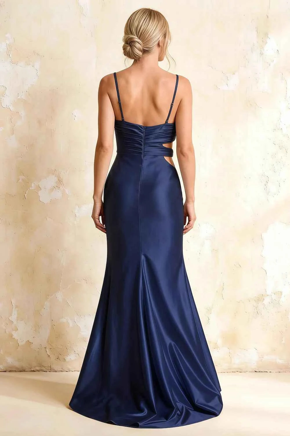 Jane Navy Blue Satin Cutout Mermaid Slit Maxi Dress