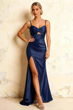 Jane Navy Blue Satin Cutout Mermaid Slit Maxi Dress
