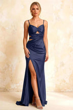 Jane Navy Blue Satin Cutout Mermaid Slit Maxi Dress