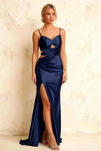 Jane Navy Blue Satin Cutout Mermaid Slit Maxi Dress