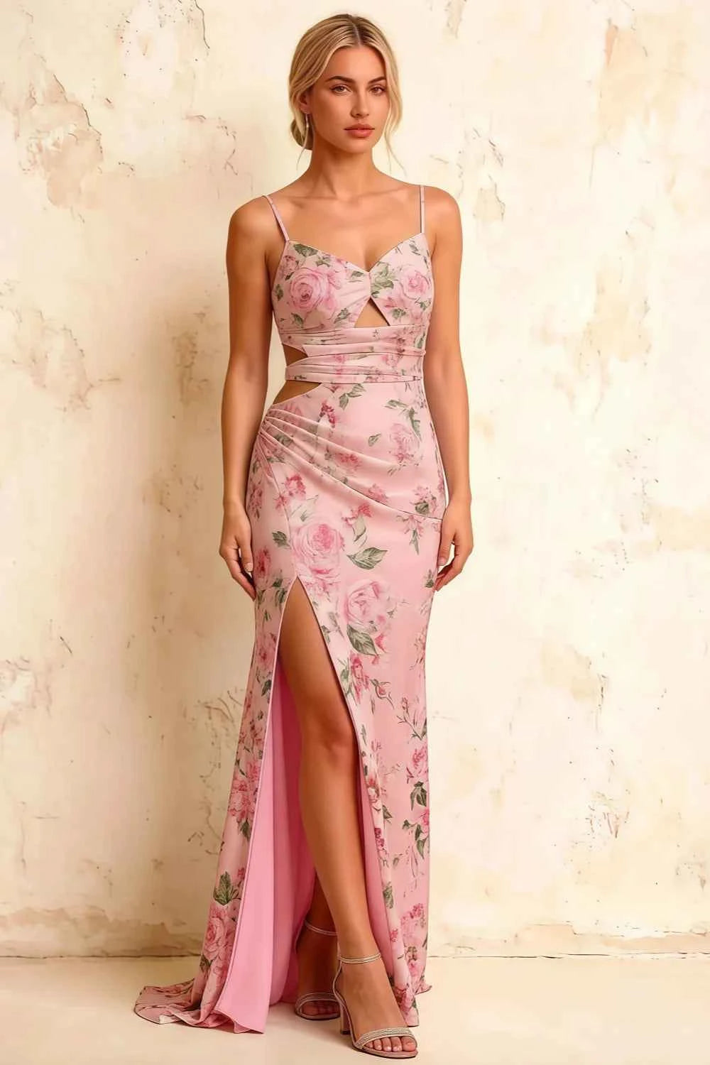 Jane Pink Floral Cutout Mermaid Slit Maxi Dress