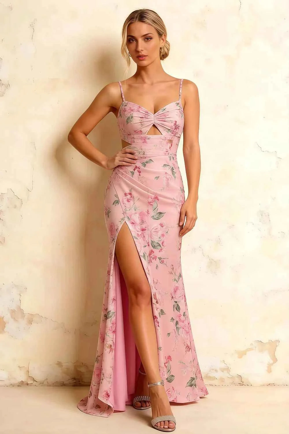Jane Pink Floral Cutout Mermaid Slit Maxi Dress