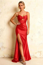 Jane Red Satin Cutout Mermaid Slit Maxi Dress