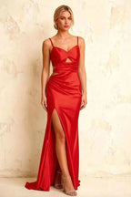 Jane Red Satin Cutout Mermaid Slit Maxi Dress