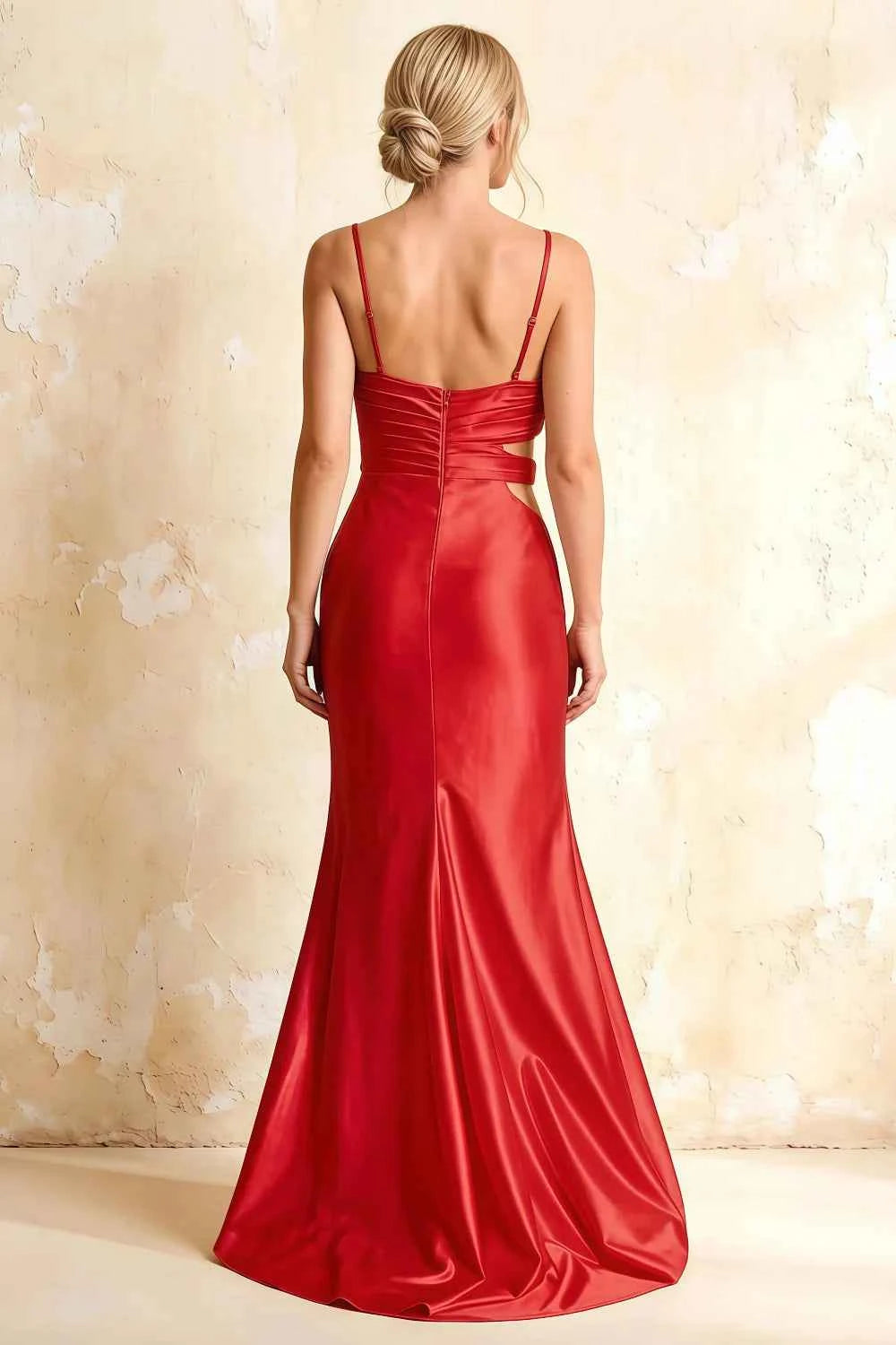 Jane Red Satin Cutout Mermaid Slit Maxi Dress