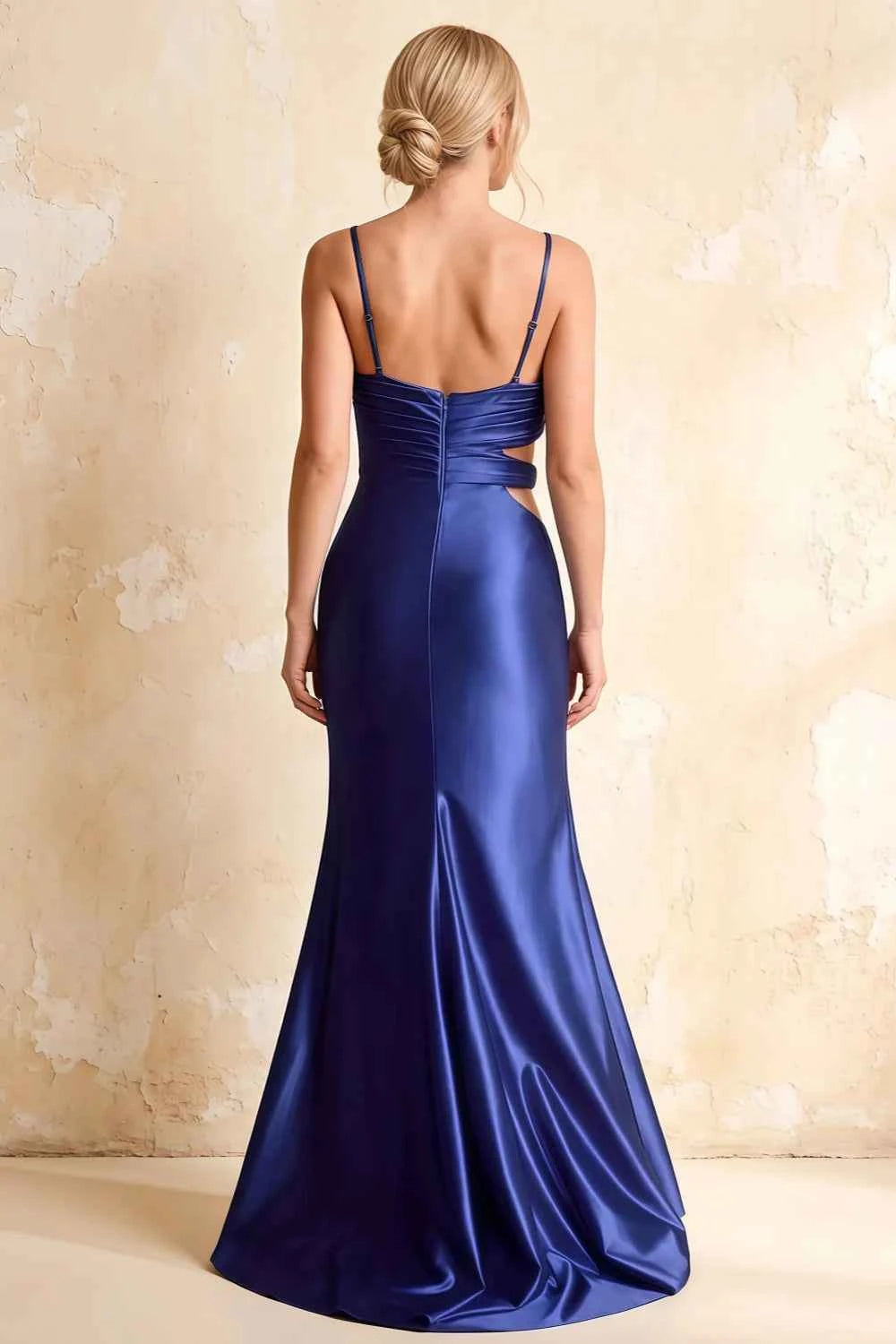 Jane Royal Blue Satin Cutout Mermaid Slit Maxi Dress