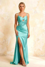Jane Turquoise Satin Cutout Mermaid Slit Maxi Dress