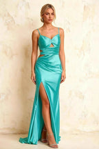 Jane Turquoise Satin Cutout Mermaid Slit Maxi Dress