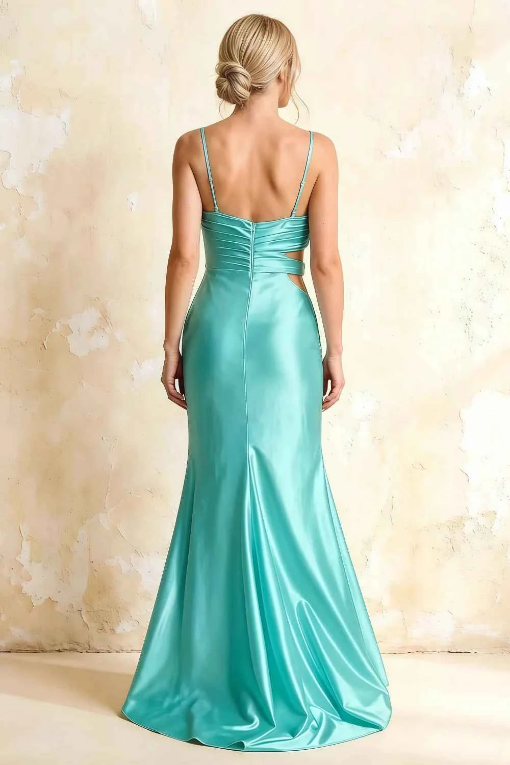 Jane Turquoise Satin Cutout Mermaid Slit Maxi Dress
