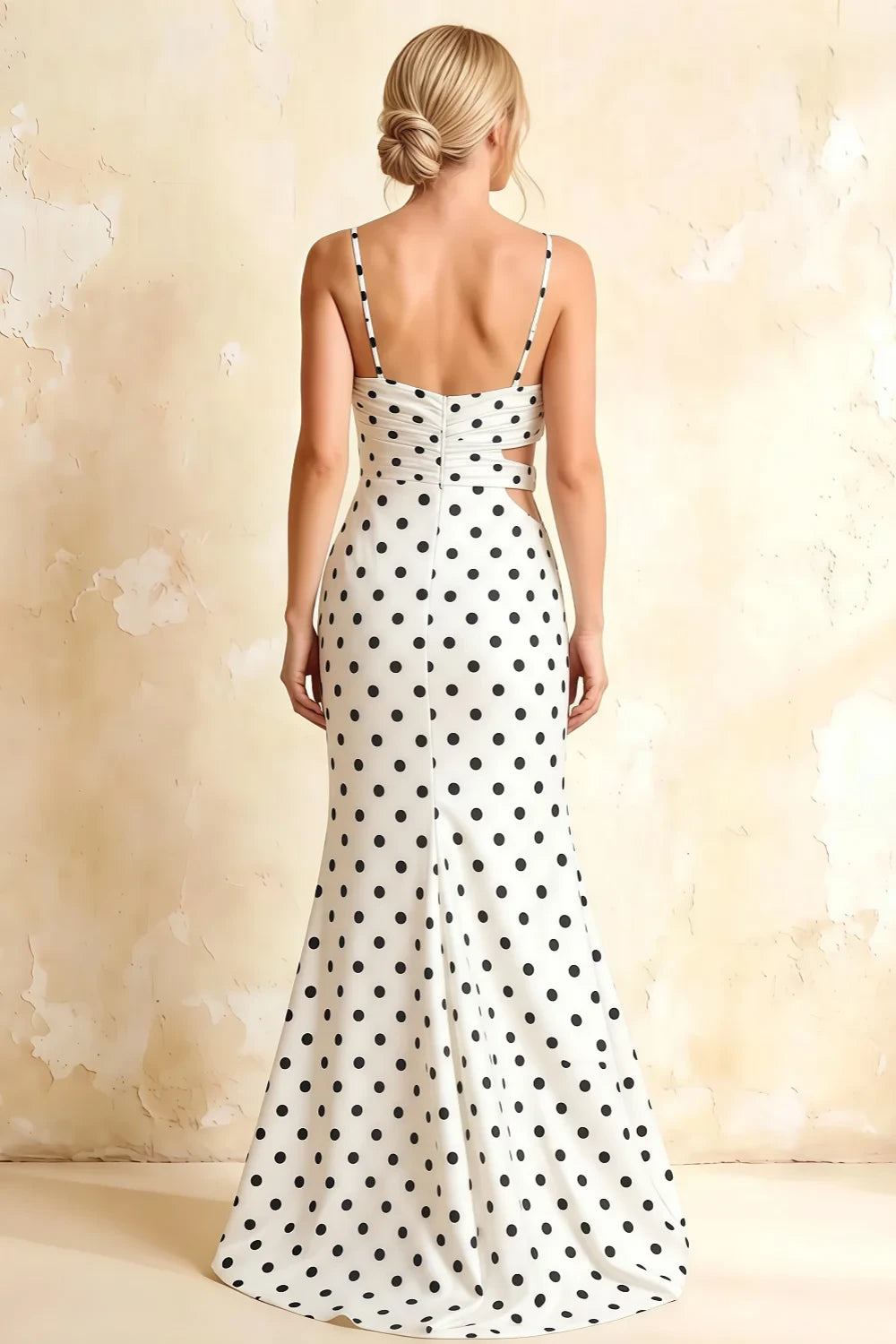 Jane White Polka Dot Cutout Mermaid Slit Maxi Dress