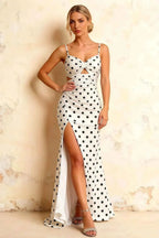Jane White Polka Dot Cutout Mermaid Slit Maxi Dress