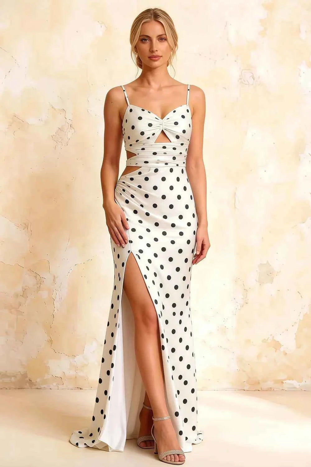 Jane White Polka Dot Cutout Mermaid Slit Maxi Dress