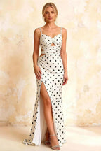 Jane White Polka Dot Cutout Mermaid Slit Maxi Dress