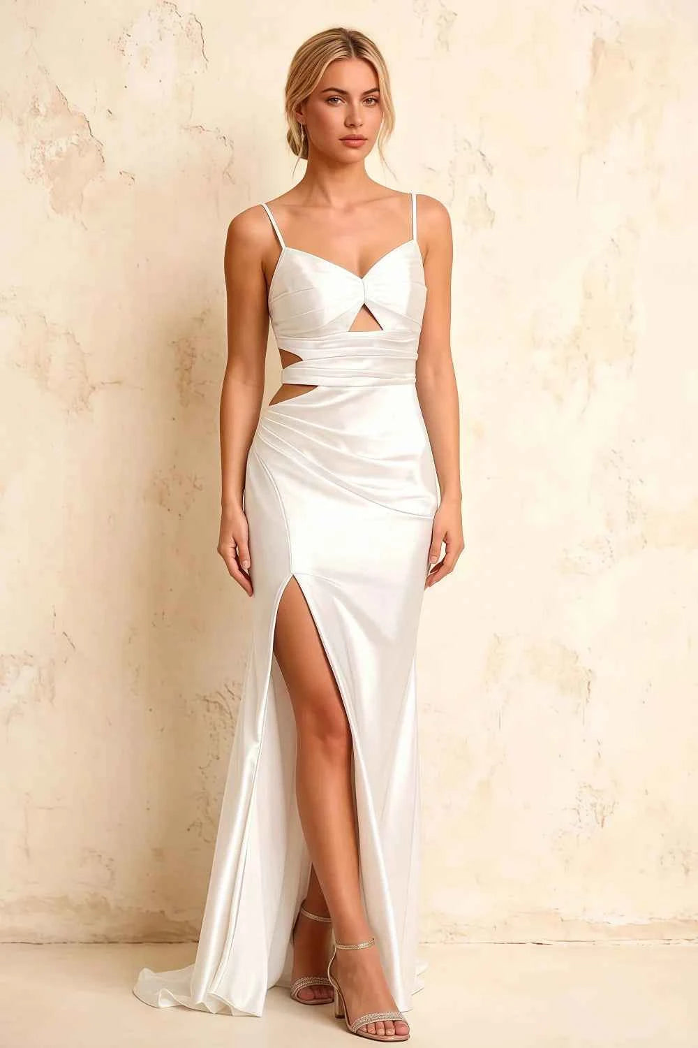 Jane White Satin Cutout Mermaid Slit Maxi Dress
