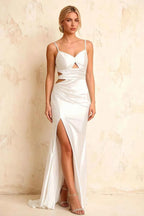 Jane White Satin Cutout Mermaid Slit Maxi Dress