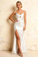 Jane White Satin Cutout Mermaid Slit Maxi Dress