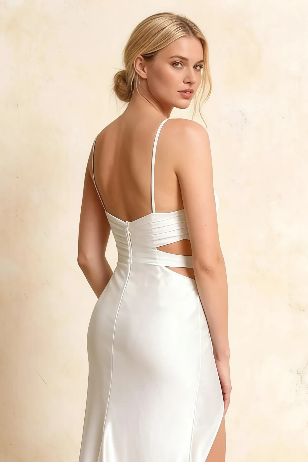 Jane White Satin Cutout Mermaid Slit Maxi Dress