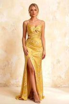 Jane Yellow Floral Cutout Mermaid Slit Maxi Dress