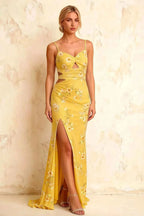 Jane Yellow Floral Cutout Mermaid Slit Maxi Dress