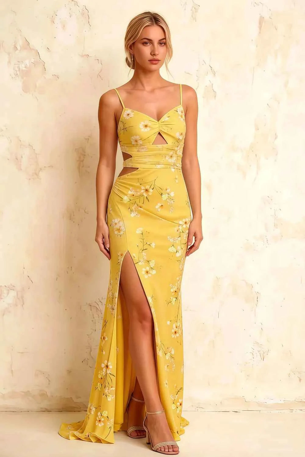 Jane Yellow Floral Cutout Mermaid Slit Maxi Dress