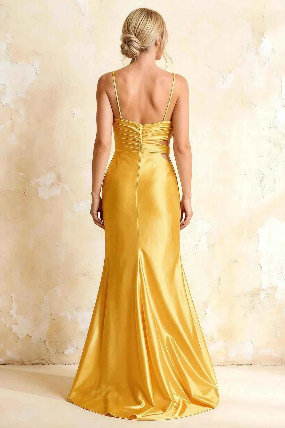 Jane Yellow Satin Cutout Mermaid Slit Maxi Dress
