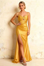Jane Yellow Satin Cutout Mermaid Slit Maxi Dress