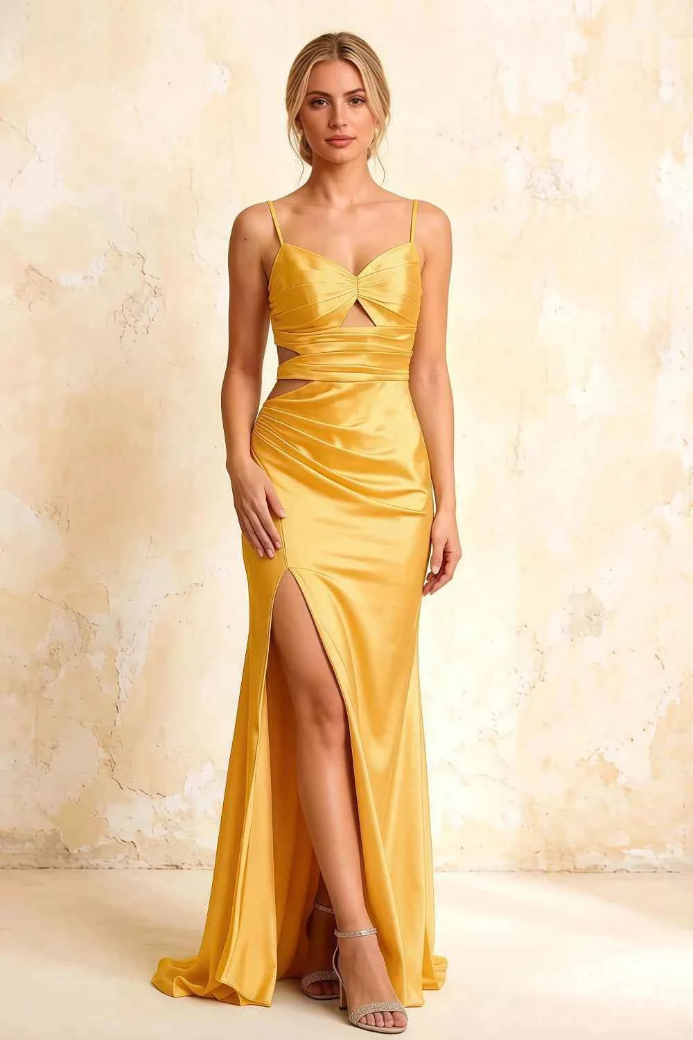 Jane Yellow Satin Cutout Mermaid Slit Maxi Dress