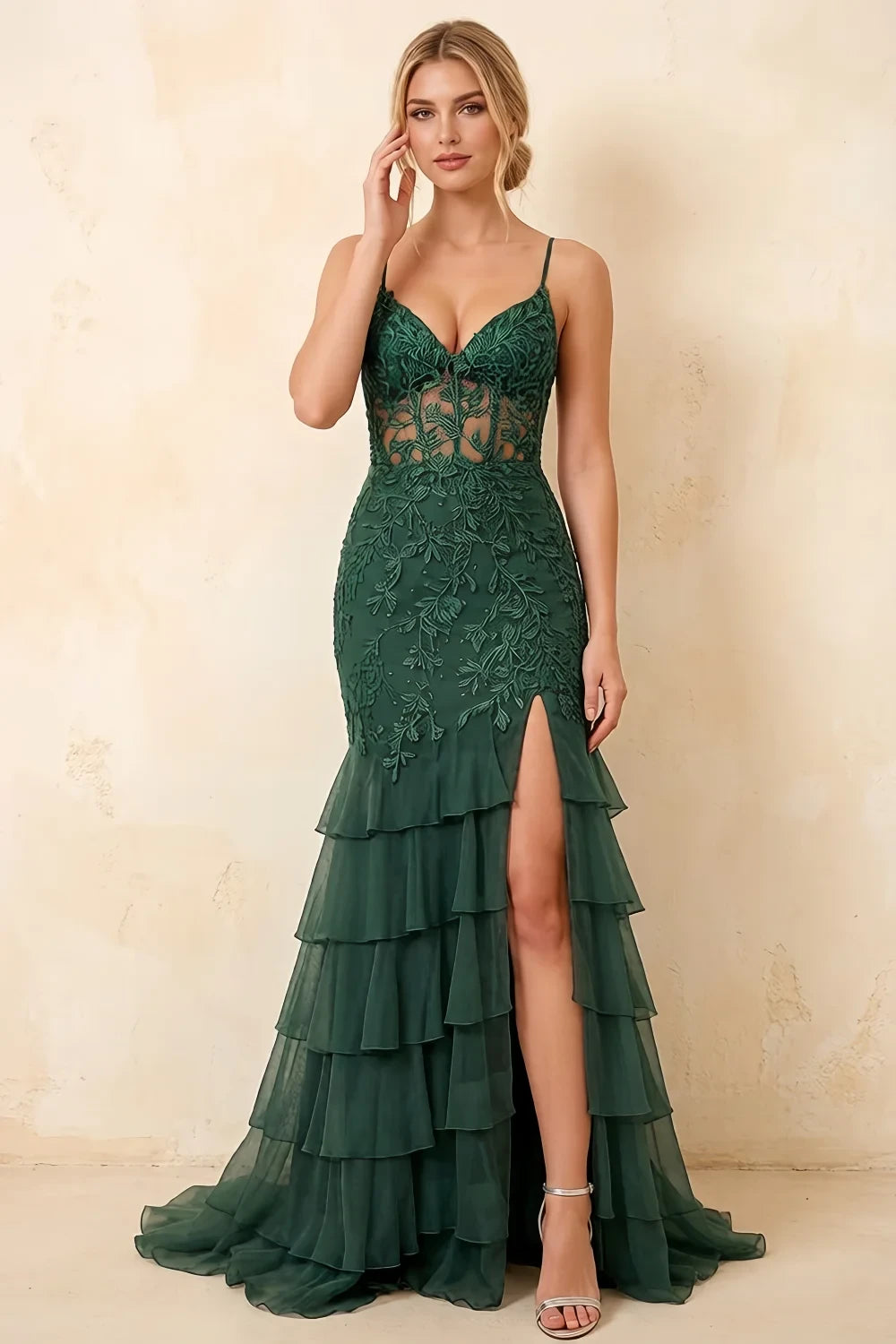 Janet Green Lace Tier Ruffle Mermaid Maxi Dress