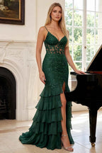 Janet Green Lace Tier Ruffle Mermaid Maxi Dress