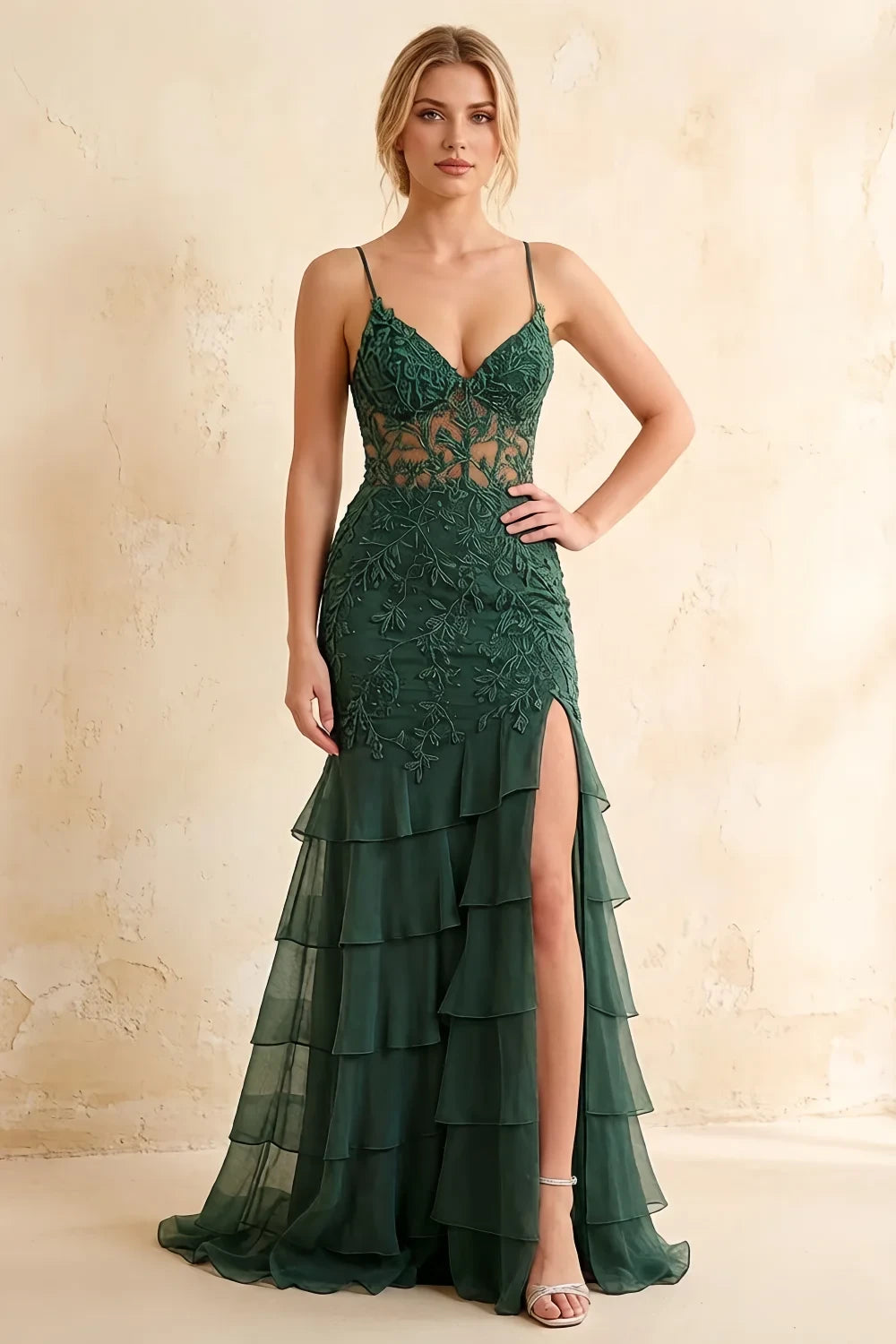 Janet Green Lace Tier Ruffle Mermaid Maxi Dress