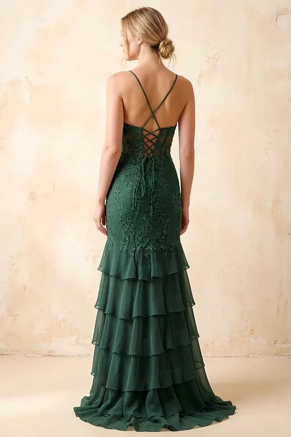 Janet Green Lace Tier Ruffle Mermaid Maxi Dress