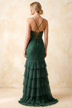 Janet Green Lace Tier Ruffle Mermaid Maxi Dress