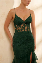 Janet Green Lace Tier Ruffle Mermaid Maxi Dress