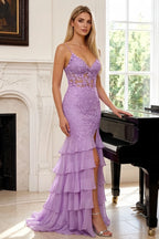 Janet Lilac Lace Tier Ruffle Mermaid Maxi Dress