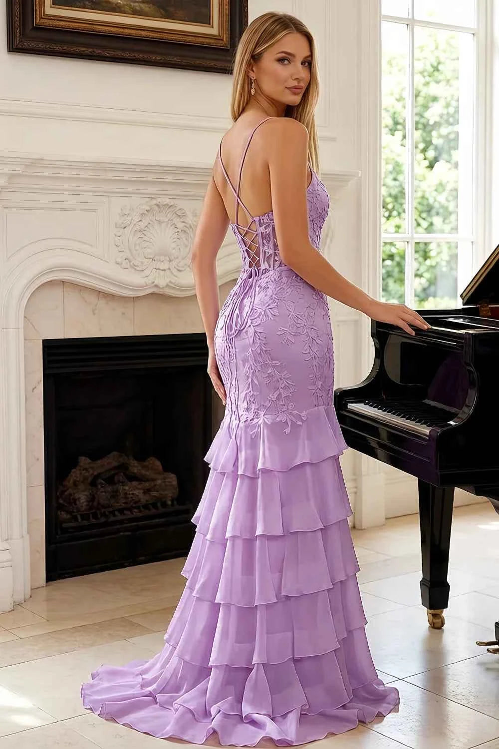 Janet Lilac Lace Tier Ruffle Mermaid Maxi Dress