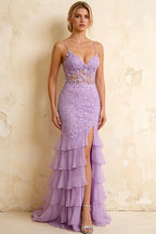 Janet Lilac Lace Tier Ruffle Mermaid Maxi Dress