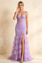 Janet Lilac Lace Tier Ruffle Mermaid Maxi Dress
