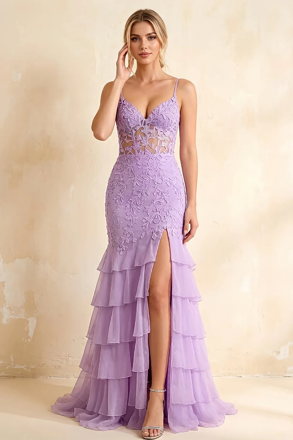 Janet Lilac Lace Tier Ruffle Mermaid Maxi Dress