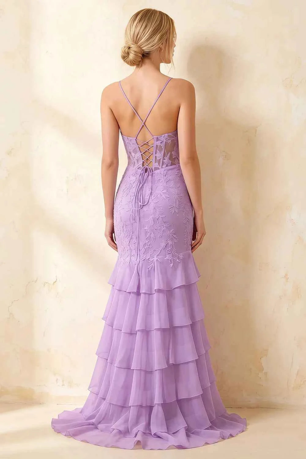 Janet Lilac Lace Tier Ruffle Mermaid Maxi Dress