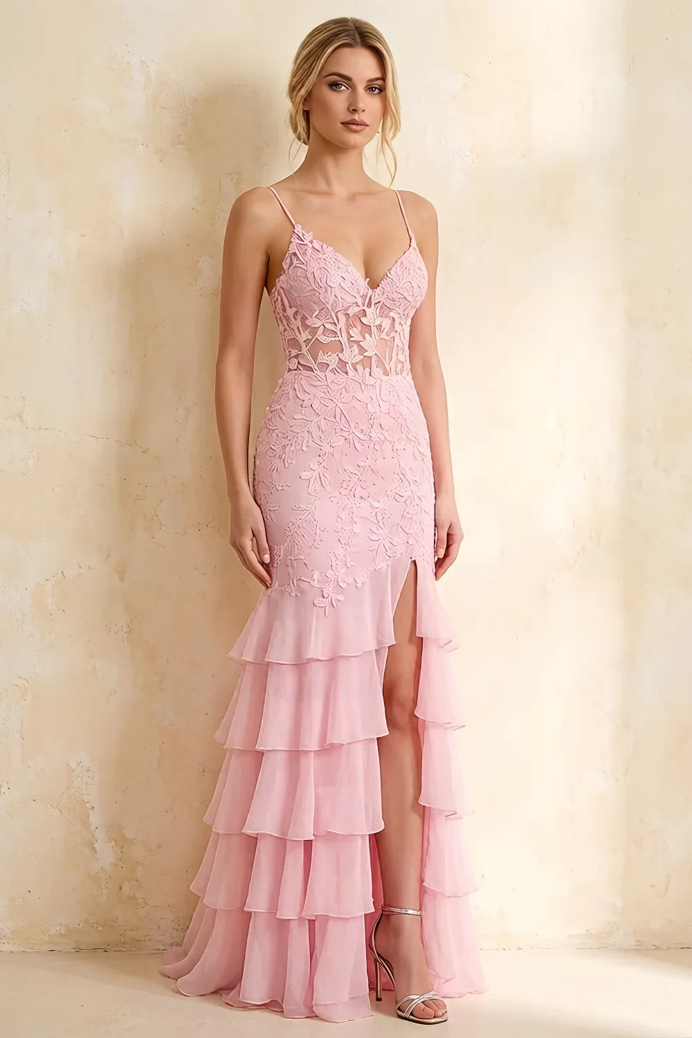 Janet Pink Lace Tier Ruffle Mermaid Maxi Dress