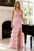 Janet Pink Lace Tier Ruffle Mermaid Maxi Dress