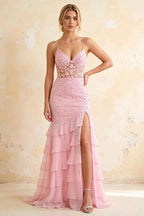 Janet Pink Lace Tier Ruffle Mermaid Maxi Dress