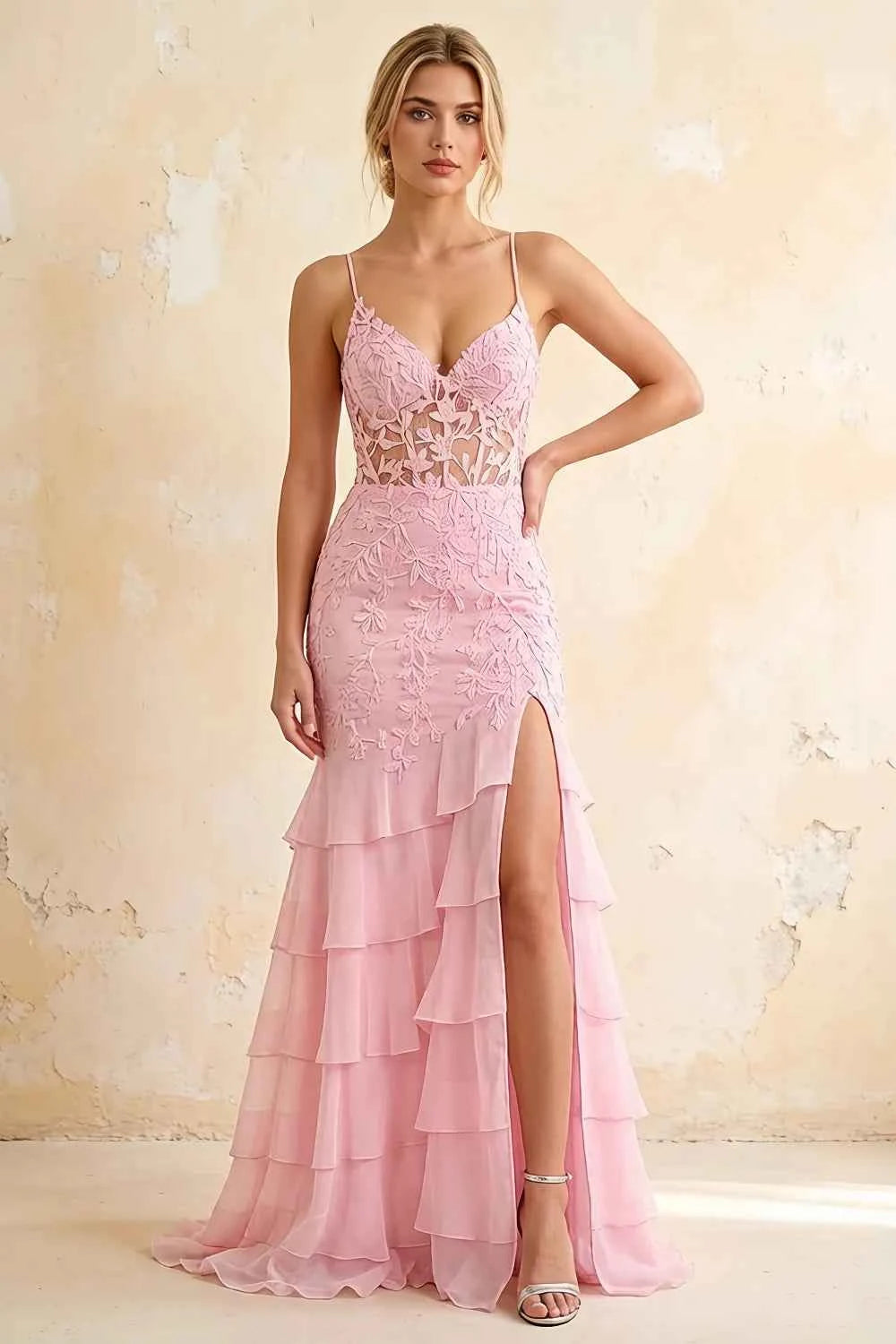 Janet Pink Lace Tier Ruffle Mermaid Maxi Dress
