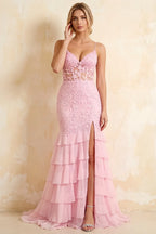 Janet Pink Lace Tier Ruffle Mermaid Maxi Dress
