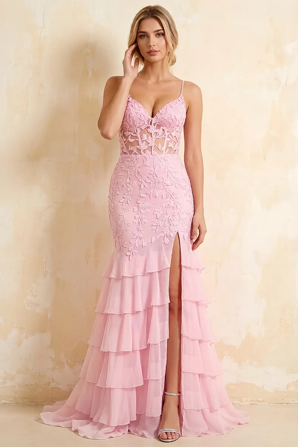 Janet Pink Lace Tier Ruffle Mermaid Maxi Dress